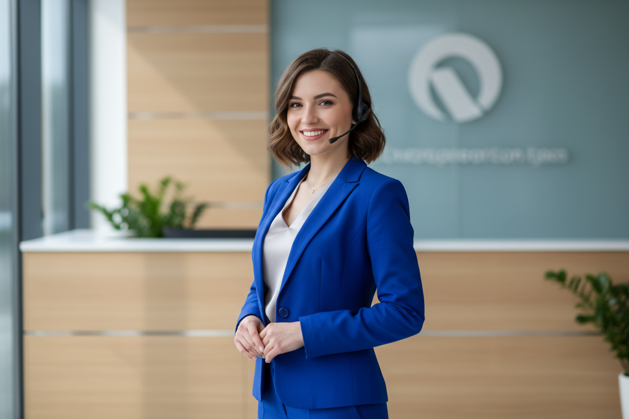 MEDIO CUERPO DE HERMOSA SEÑORITA RECEPCIONISTA CON TRAJE AZUL Y AUDIFONOS DE RESEPCION